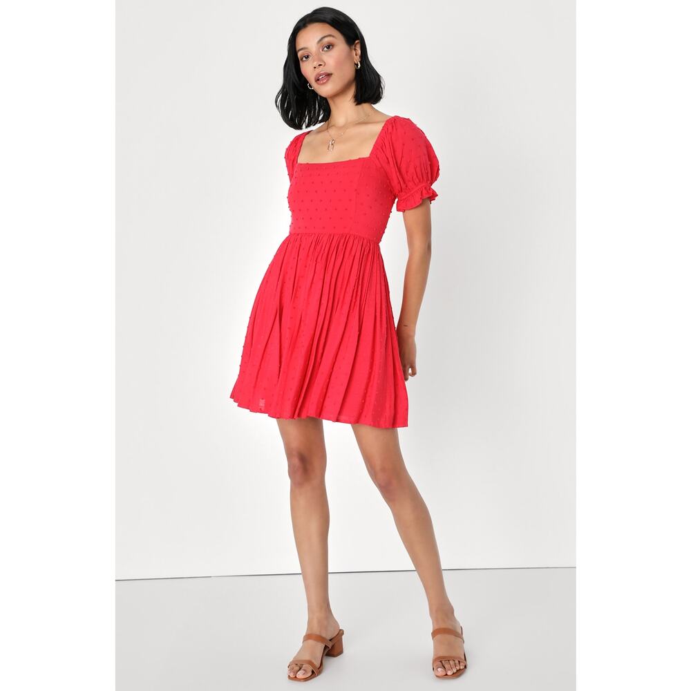 Lulus Positano Poise Red Puff Sleeve Swiss Dot Mini Dress Size M
